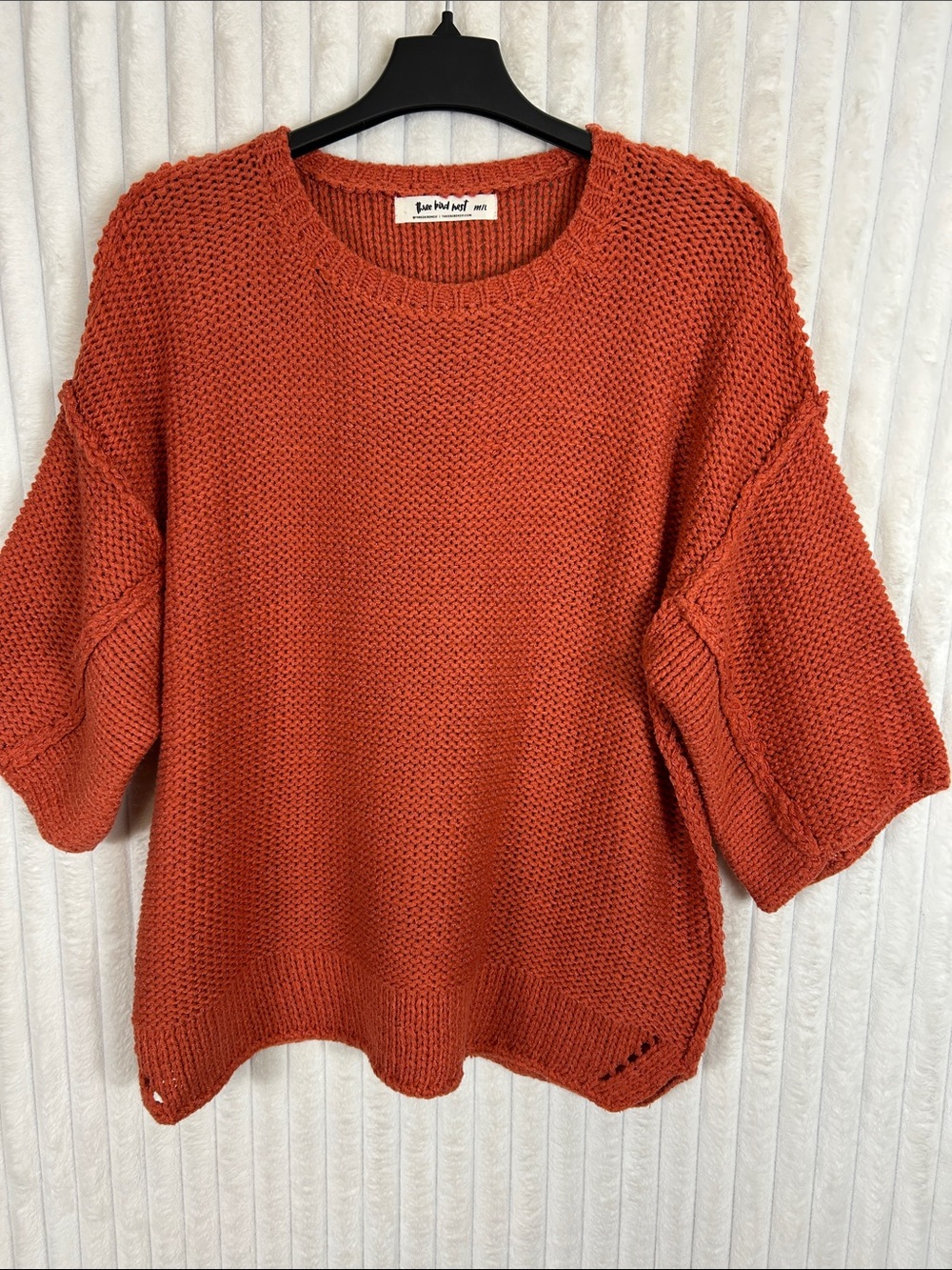Three Bird Nest Burnt Orange Chunky open Knit oversized Crewneck Sweater M/L